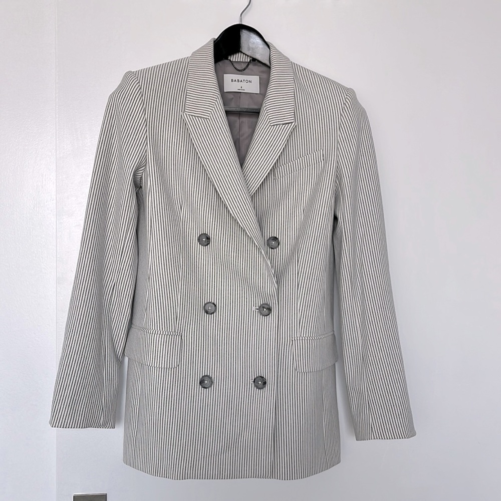Babaton Double-Breasted Pinstripe Blazer in Ivory and Black